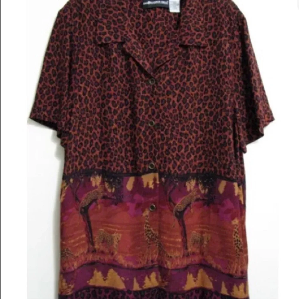 Sag Harbor Sz 14 Safari Leopard Giraffe Rayon Button Short Sleeve Shirt - Picture 2 of 6